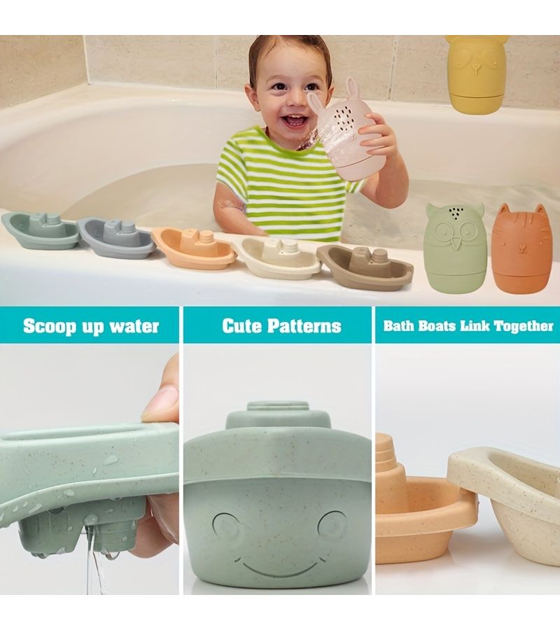 Kids Floating Boat Bath Toy Set 5 Colorful Boats 4 Silicone Animals Water Play - Image 3