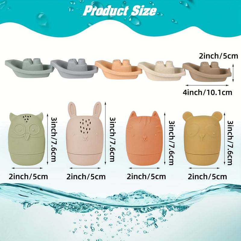 Kids Floating Boat Bath Toy Set 5 Colorful Boats 4 Silicone Animals Water Play - Image 2