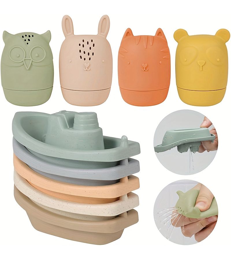 Kids Floating Boat Bath Toy Set 5 Colorful Boats 4 Silicone Animals Water Play - Image 1
