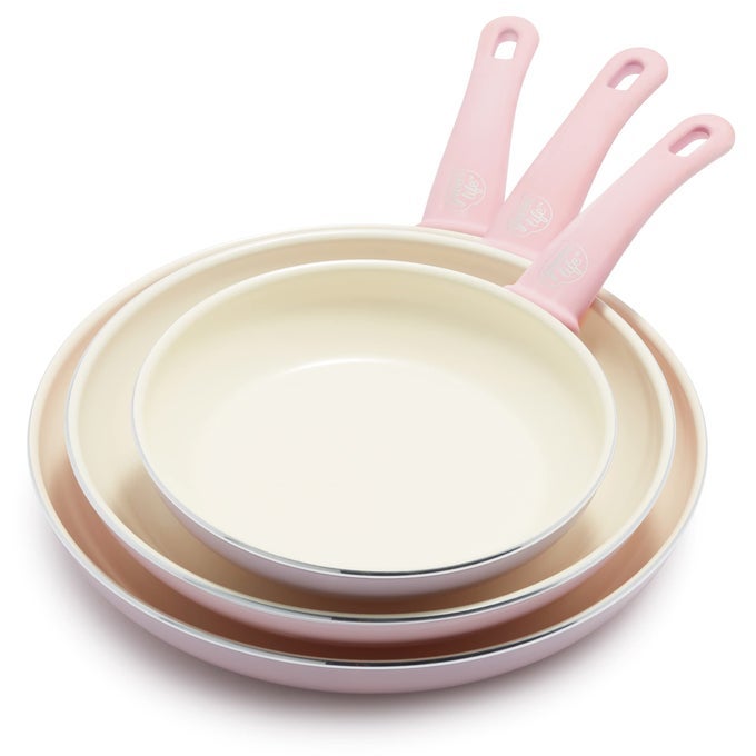 SOFT GRIP HEALTHY CERAMIC NONSTICK 8 10 AND 12 FRYING PAN SKILLET SET PFASFREE DISHWASHER SAFE SOFT PINK