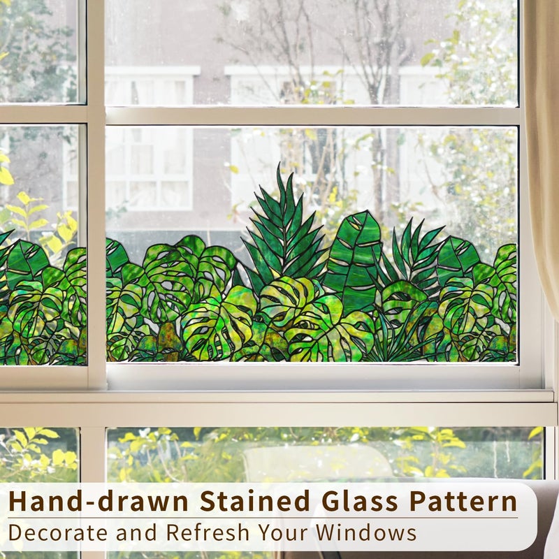 ChicSkin Original Hand Drawn Window Cling Film Stained Glass Border, Double Sided Transparent Window Film Haning Plants for Glass Window, Front Door, Monstera and Palm 16.93"X54.33" - Image 2