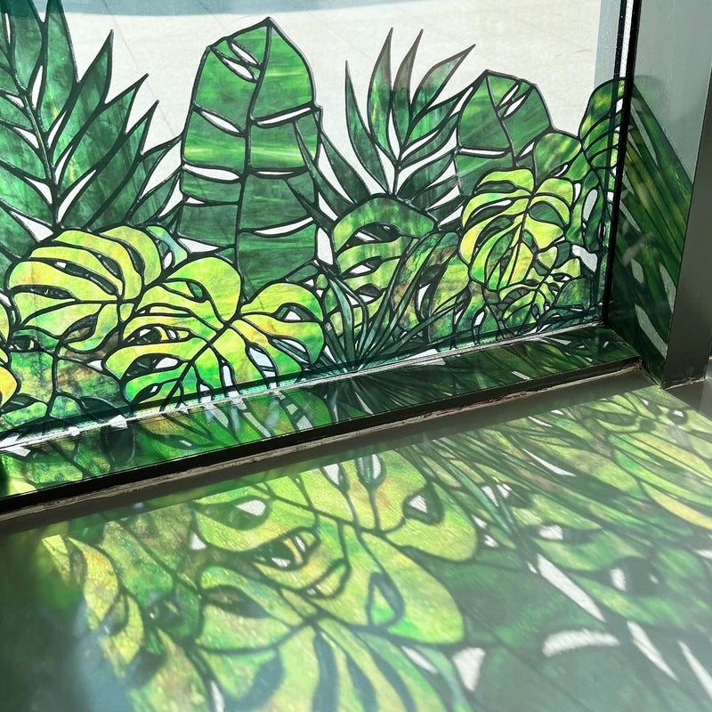 ChicSkin Original Hand Drawn Window Cling Film Stained Glass Border, Double Sided Transparent Window Film Haning Plants for Glass Window, Front Door, Monstera and Palm 16.93"X54.33" - Image 1