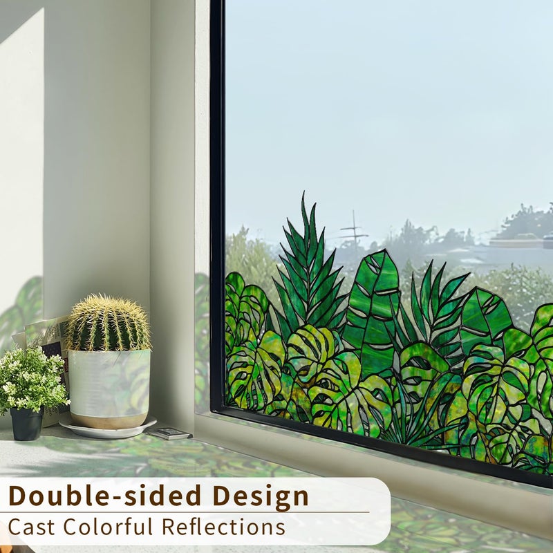 ChicSkin Original Hand Drawn Window Cling Film Stained Glass Border, Double Sided Transparent Window Film Haning Plants for Glass Window, Front Door, Monstera and Palm 16.93"X54.33" - Image 3