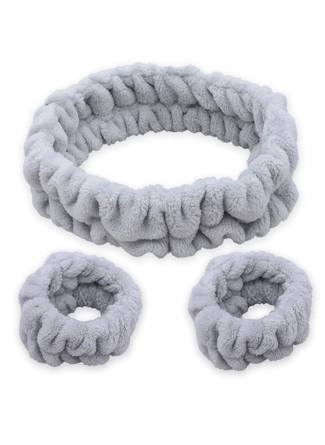 FROG SAC - Spa Headband for Washing Face and Matching Wristbands, Teen Girls Fuzzy Skincare Headbands, Kids Soft Facial Makeup Head Band, Shower Skin Care Girl Hair Sleepover Party Supplies (Gray) - Image 1