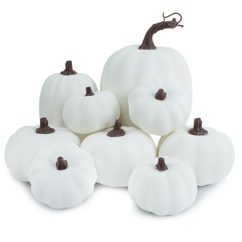 Ghrdopy 9PCS Fall Pumpkin Decor  Plastic Artificial Fake Pumpkins Used for Home Party Outdoor Decor and Thanksgiving DecorationsWhite