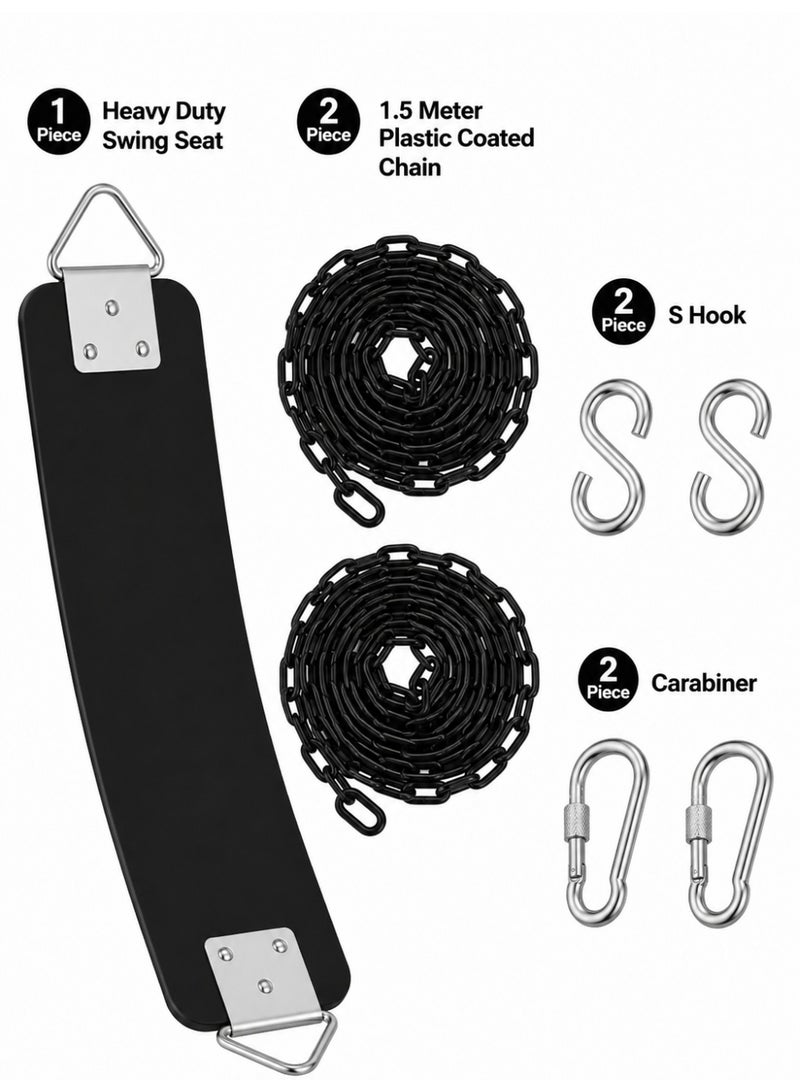 Funz Swing Seat with 150cm Anti-Rust Chains Thermoplastic Coated Support 110kg Swing Seat Replacement with Snap Hooks for Outdoors Playground Black - Image 1
