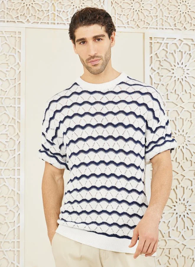 Styli Premium Cotton Oversized Crochet Knit T-shirt