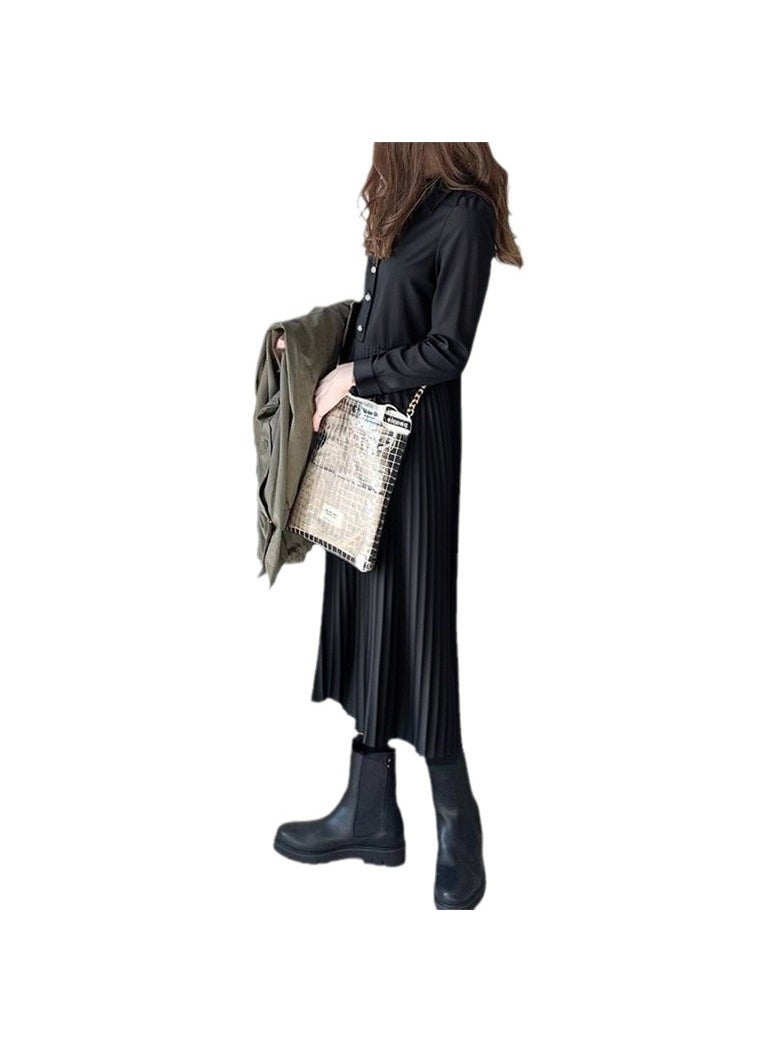 Generic - Premium Fall 2024 Pleated Collar Shirt Dress Black - Image 1
