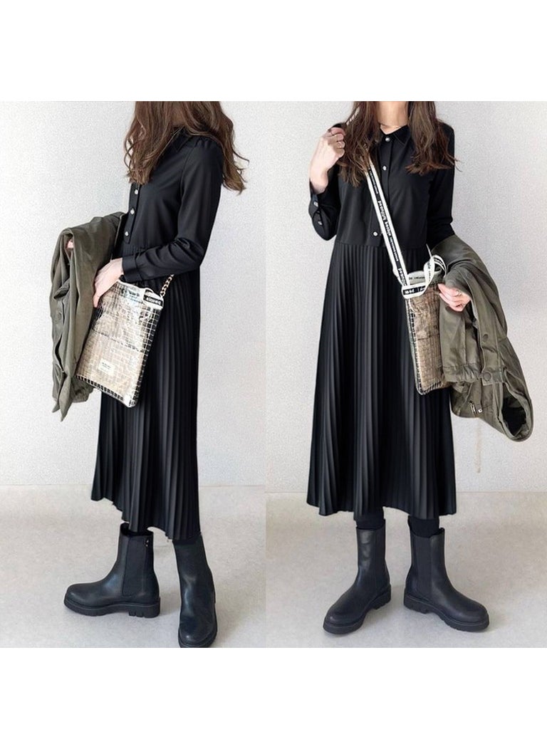 Generic - Premium Fall 2024 Pleated Collar Shirt Dress Black - Image 1