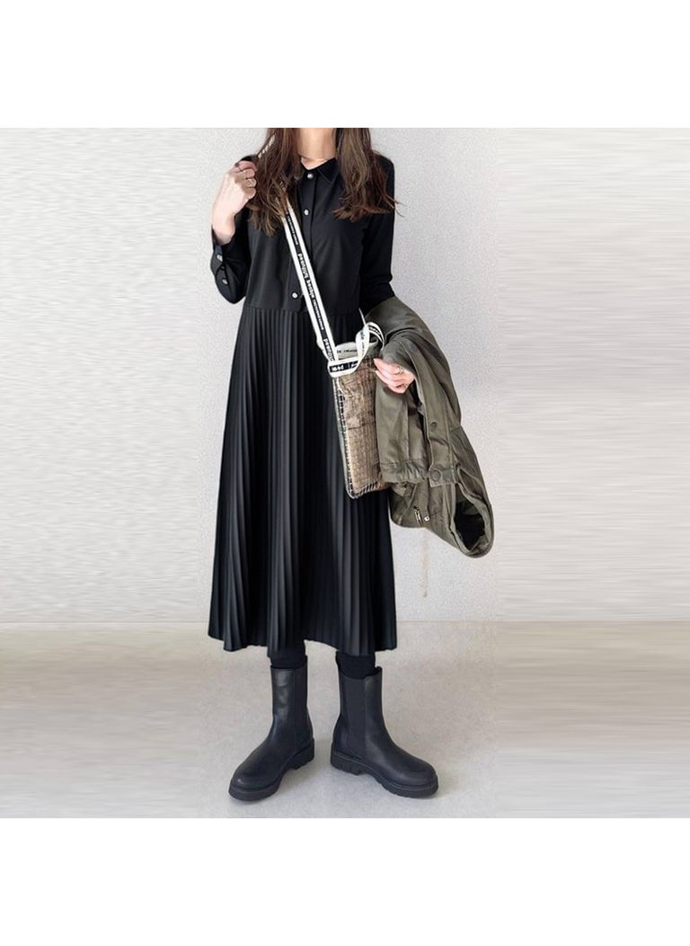Generic - Premium Fall 2024 Pleated Collar Shirt Dress Black - Image 1