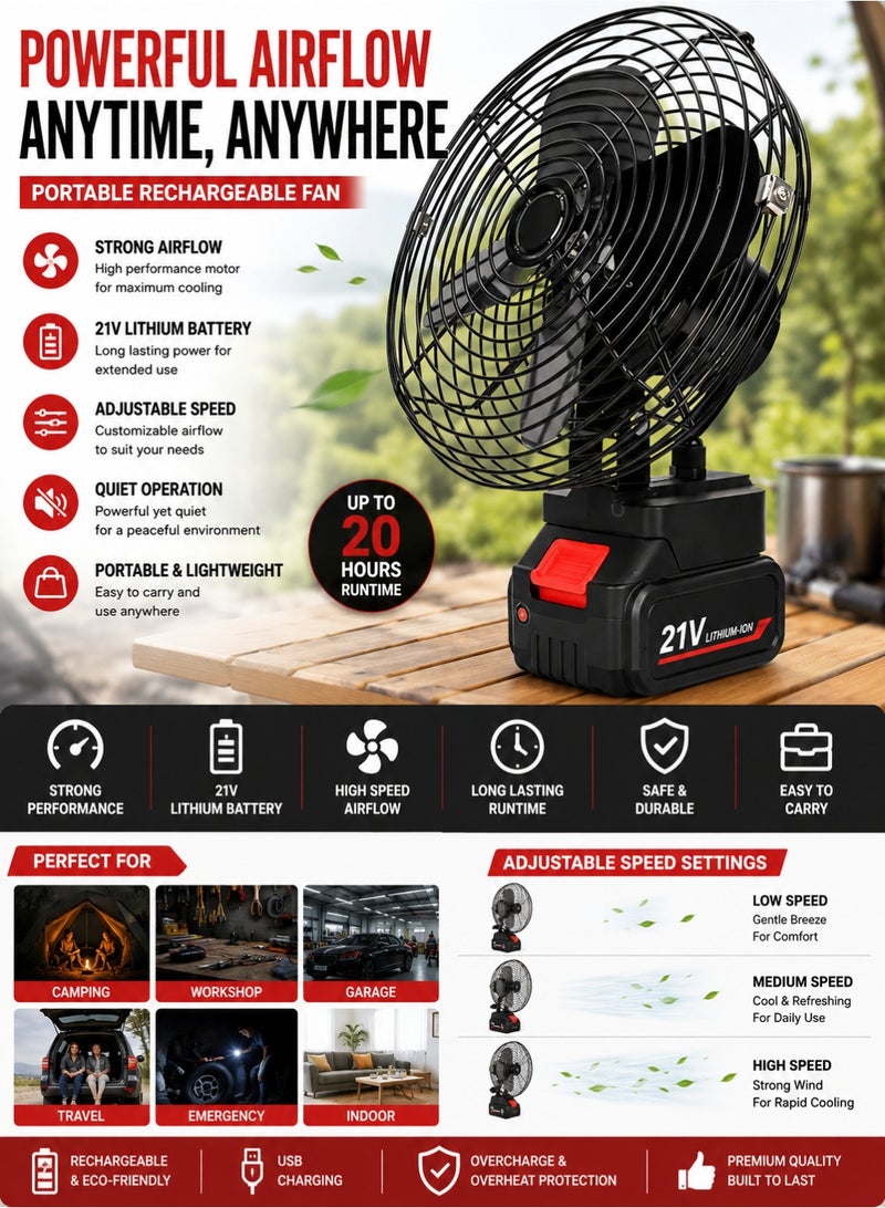 21V Lithium Battery Portable Table Fan - Camping Electric Fan - High Power Rechargeable Fan - Strong Airflow, Adjustable Speed, Quiet Operation Small Battery Fan