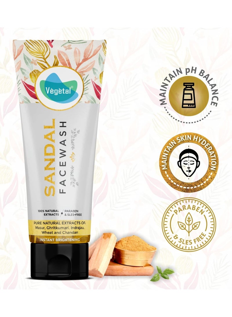 Vegetal Sandal Face Wash- 100g. Natural Extracts with Masur, Chiritkumari, Indrajau, Wheat and Chandan, Instant Brightening, Paraben-Free (Pack of 2) - Image 1