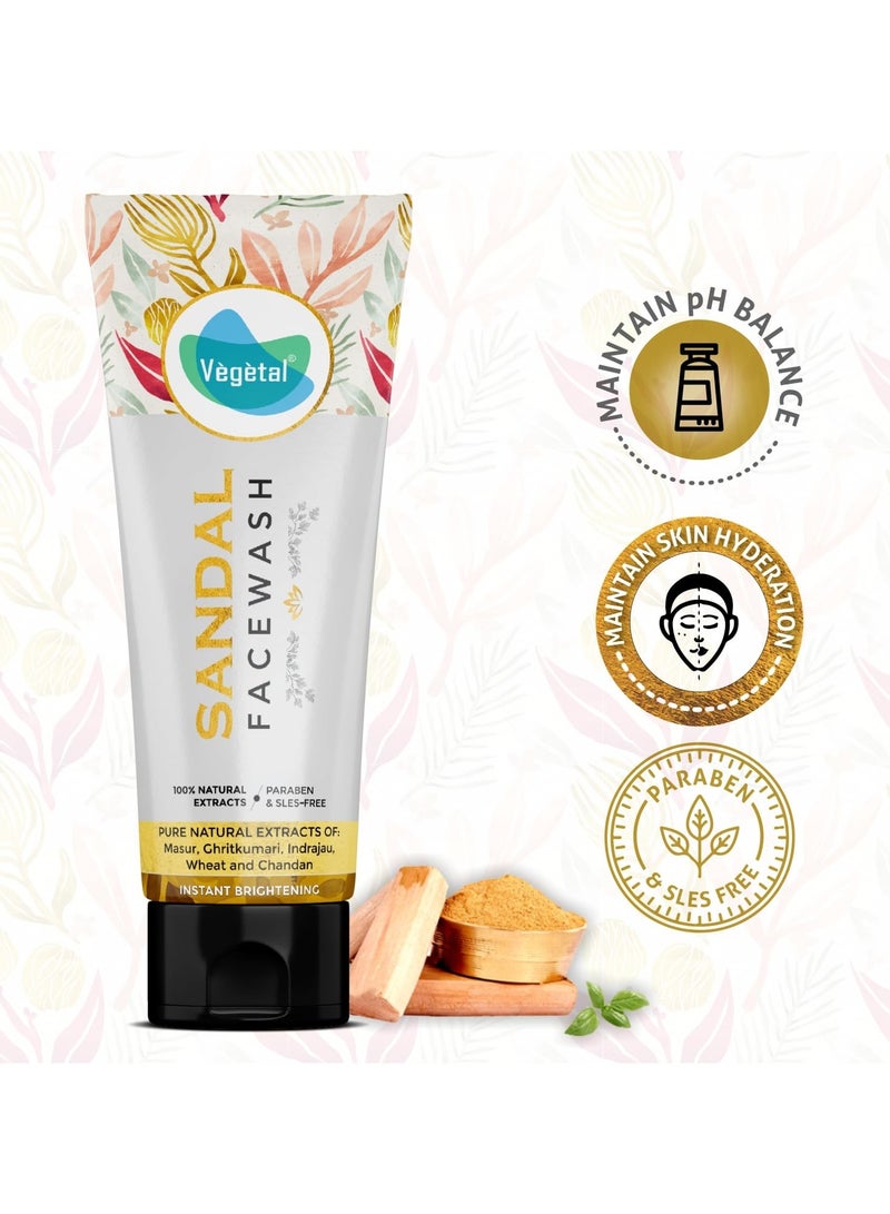 Vegetal Sandal Face Wash- 100g. Natural Extracts with Masur, Chiritkumari, Indrajau, Wheat and Chandan, Instant Brightening, Paraben-Free (Pack of 2) - Image 3