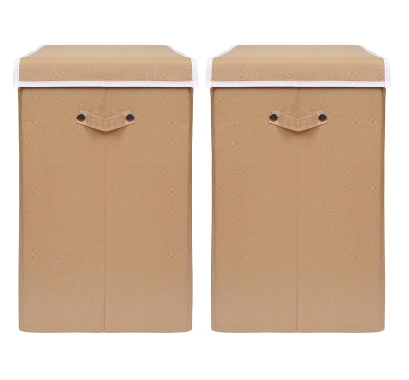 ANYTIME 75L NonWoven Rectangular Foldable Laundry BagBasket Portable Large Bag with Lid Handle Freestanding Clothes Storage Organizer For Bedroom Beige Set of 2 - Image 1