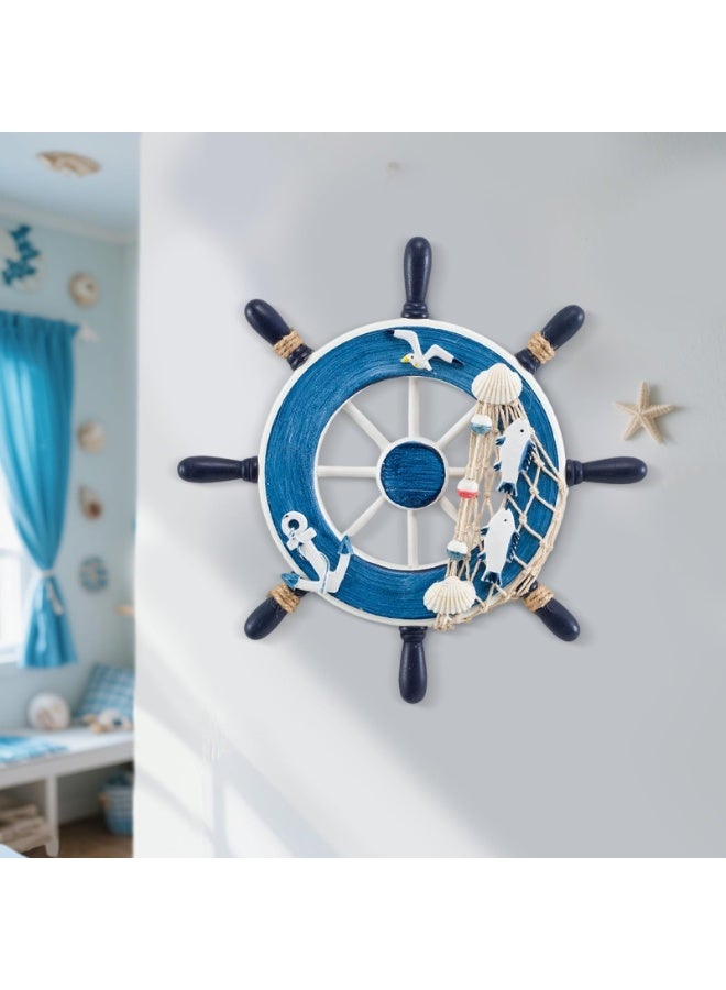 23cm Wooden Nautical Ship Wheel Wall Decor with Seashell Anchor Fishing Net, Navy Blue Coastal Beach Themed Hanging Wall Art Ornament - Image 5