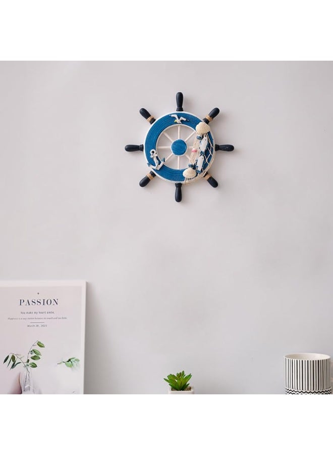 23cm Wooden Nautical Ship Wheel Wall Decor with Seashell Anchor Fishing Net, Navy Blue Coastal Beach Themed Hanging Wall Art Ornament - Image 4