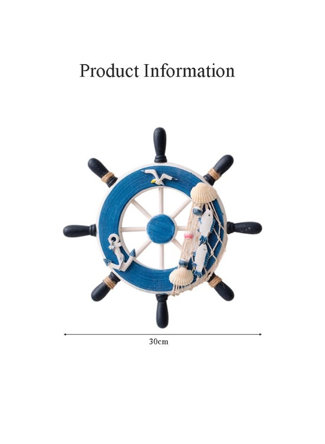 23cm Wooden Nautical Ship Wheel Wall Decor with Seashell Anchor Fishing Net, Navy Blue Coastal Beach Themed Hanging Wall Art Ornament - Image 2