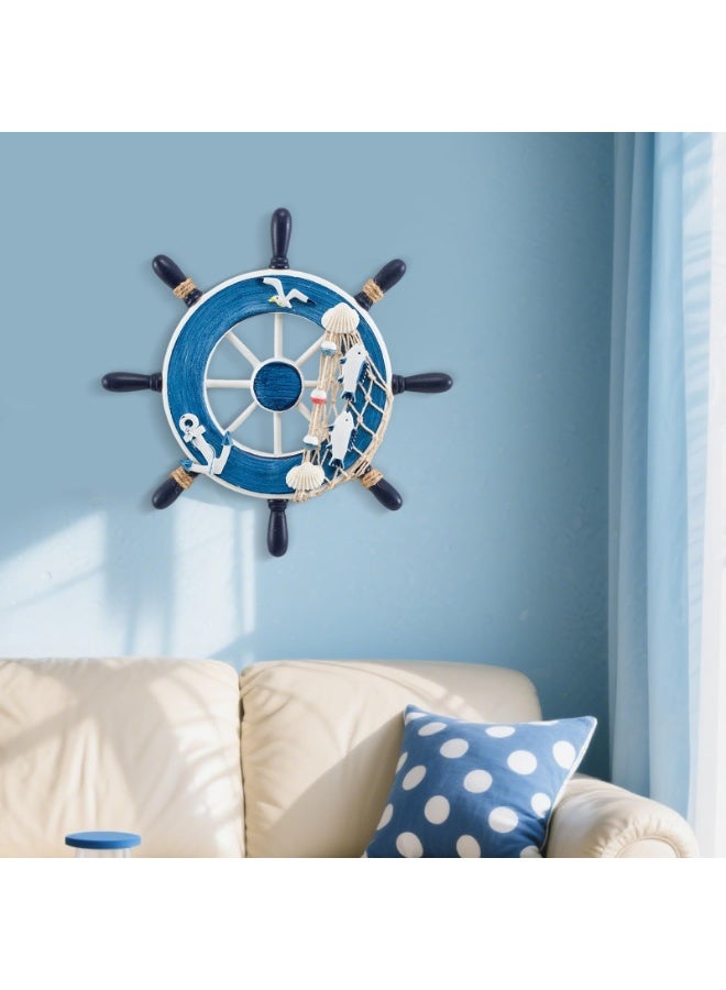 23cm Wooden Nautical Ship Wheel Wall Decor with Seashell Anchor Fishing Net, Navy Blue Coastal Beach Themed Hanging Wall Art Ornament - Image 3