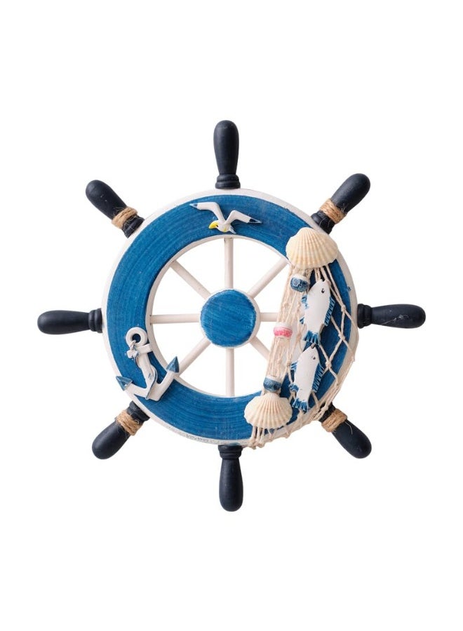 23cm Wooden Nautical Ship Wheel Wall Decor with Seashell Anchor Fishing Net, Navy Blue Coastal Beach Themed Hanging Wall Art Ornament - Image 1