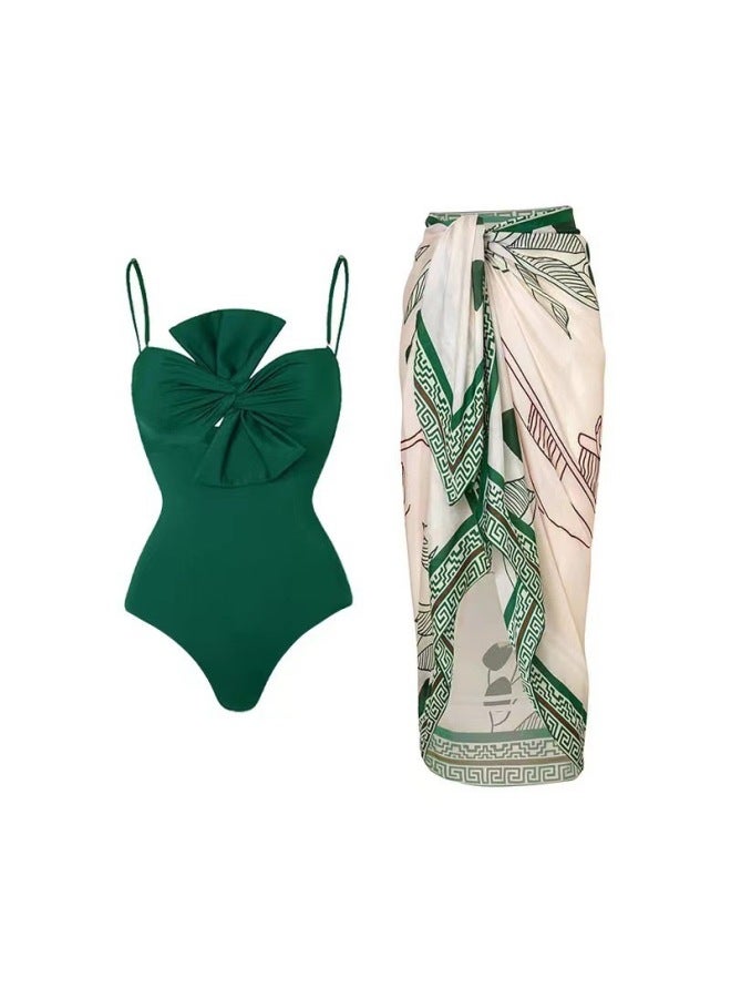 Loquat Langqi 2024 European And American Women's Swimsuit Solid Color One-piece Bow Conservative Swimsuit For Women-Color:Green Suit- - Image 1