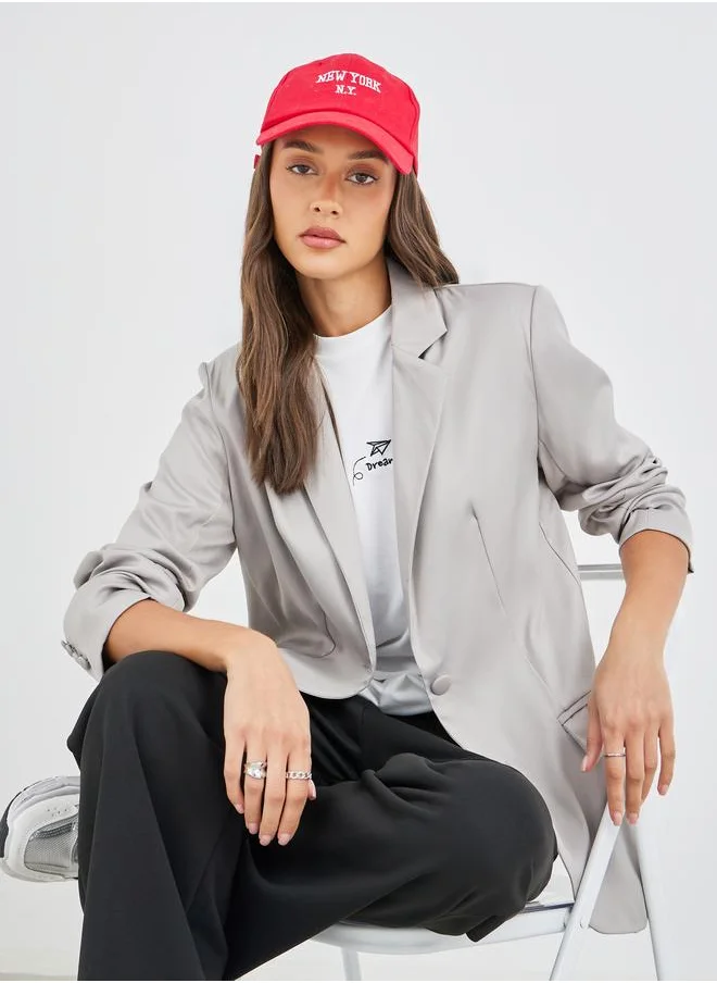 ستايلي Styli Women Grey Solid Oversized Longline Single Breasted Blazer