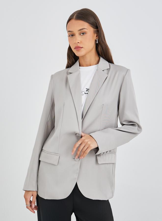 Styli Women Grey Solid Oversized Longline Single Breasted Blazer - Image 3