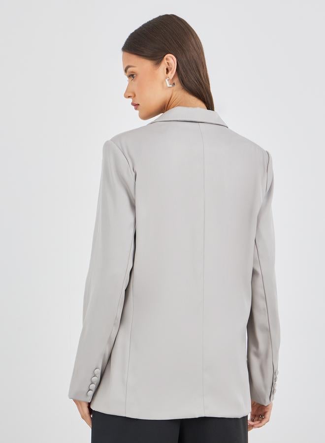 Styli Women Grey Solid Oversized Longline Single Breasted Blazer - Image 5