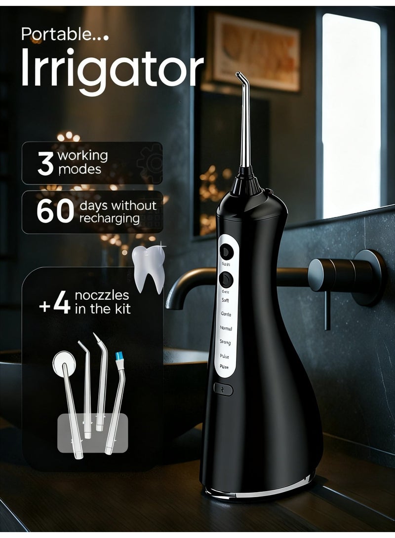 Cordless Portable Oral Irrigator / Water Flosser – 5 Cleaning Modes, 4 Nozzles, IPX7 Waterproof - Black, 320ml - Image 1