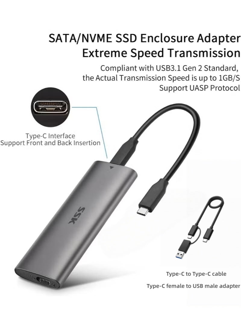 SSK enclosure nvme enclosure Aluminum M.2 to USB NVMe SATA SSD Enclosure Reader, Tool-Free USB 3.2 Gen 2 10Gbps NVMe PCI-E 6Gbps SATA M-Key / B+M Key Solid State Drive External Adapter With UASP Trim, for SSDs 2242 2260 2280 - Image 3