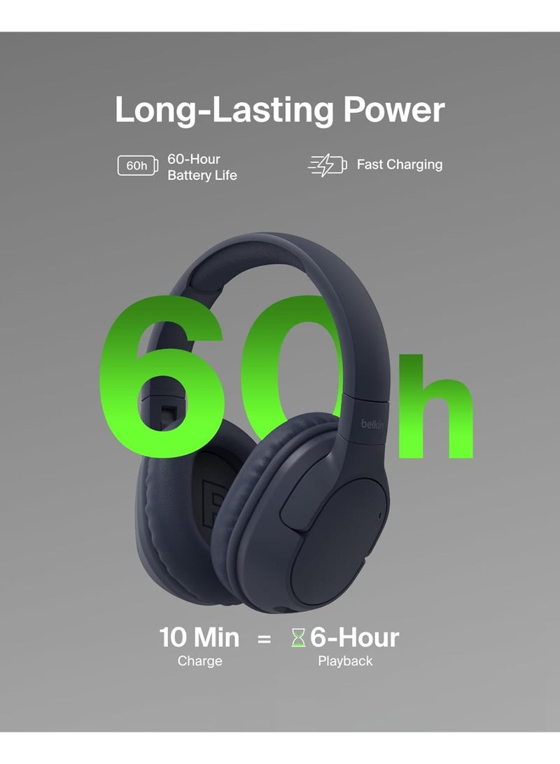 belkin SoundForm Surround Bluetooth Over-Ear Headphones, Environmental Noise Cancelling Headphones, Wireless with 60H Playtime & Soft Ear Cups for iPhone, Galaxy, iPad, Travel, Home, or Office - Blue black - Image 2