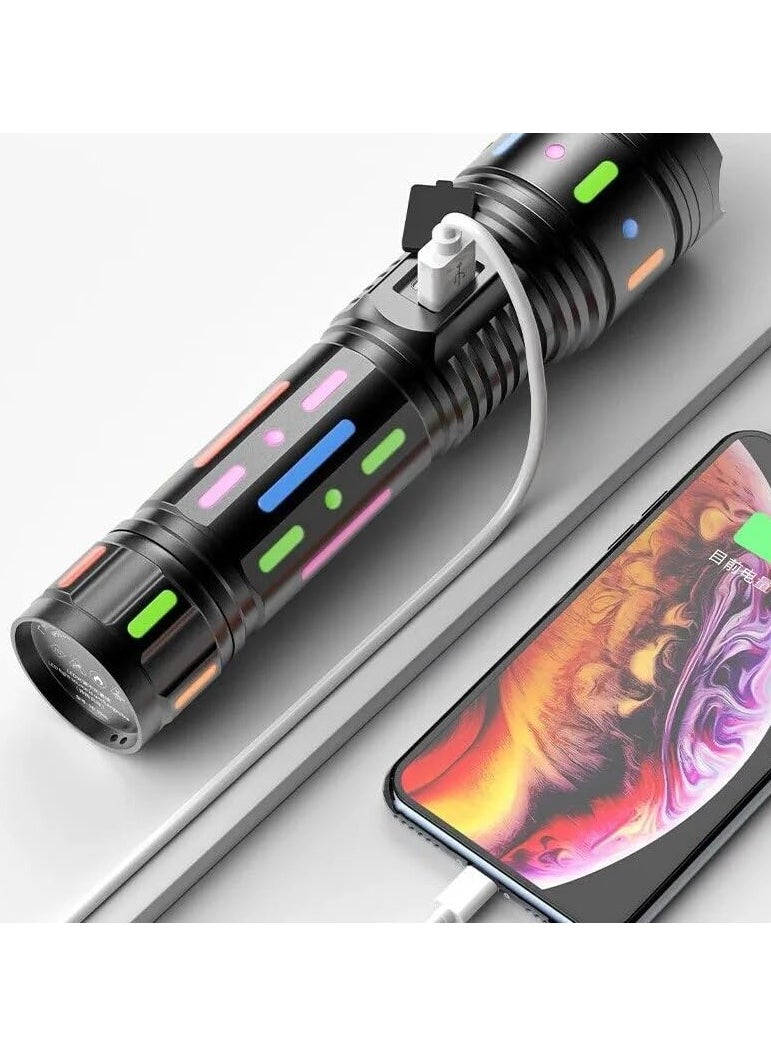 Generic Torch Light High Powered Handheld Flashlight Rechargeable LED Torch with a Long Range Reach, Colorful Fluorescent Strips Body Mechanically Zoomable for Searching Fishing Exploring  - Image 3