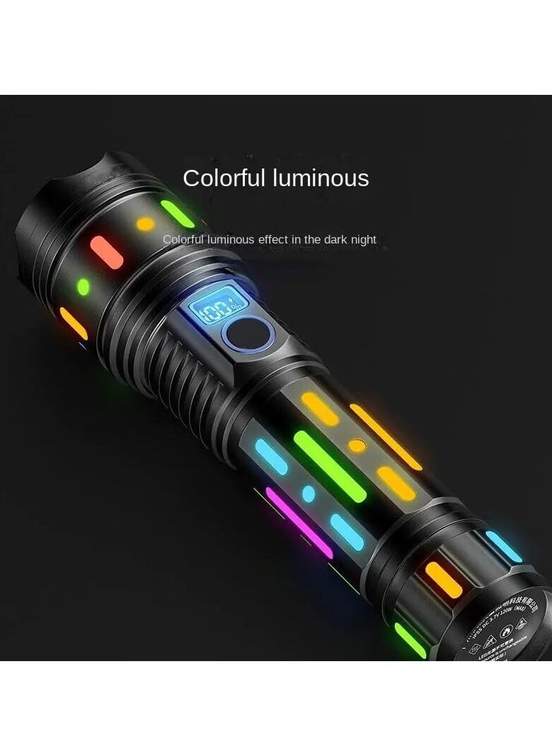 Generic Torch Light High Powered Handheld Flashlight Rechargeable LED Torch with a Long Range Reach, Colorful Fluorescent Strips Body Mechanically Zoomable for Searching Fishing Exploring  - Image 2