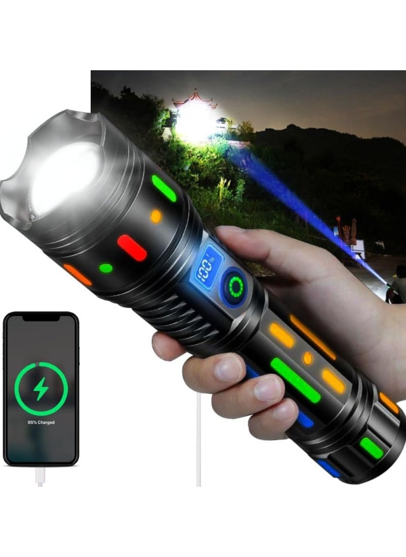 Generic Torch Light High Powered Handheld Flashlight Rechargeable LED Torch with a Long Range Reach, Colorful Fluorescent Strips Body Mechanically Zoomable for Searching Fishing Exploring  - Image 4