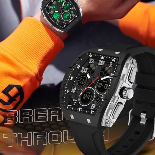 findtime Watches for Men Unique Rectangle Relojes para Hombres Black Wristwatch with Digital Analog Dual Time Display Countdown Stopwatch Punk Cool Design 5ATM Waterproof - Image 5