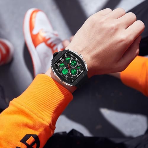 findtime Watches for Men Unique Rectangle Relojes para Hombres Black Wristwatch with Digital Analog Dual Time Display Countdown Stopwatch Punk Cool Design 5ATM Waterproof - Image 3