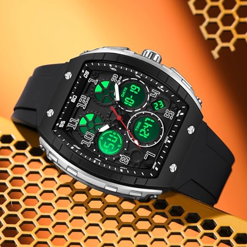 findtime Watches for Men Unique Rectangle Relojes para Hombres Black Wristwatch with Digital Analog Dual Time Display Countdown Stopwatch Punk Cool Design 5ATM Waterproof - Image 2