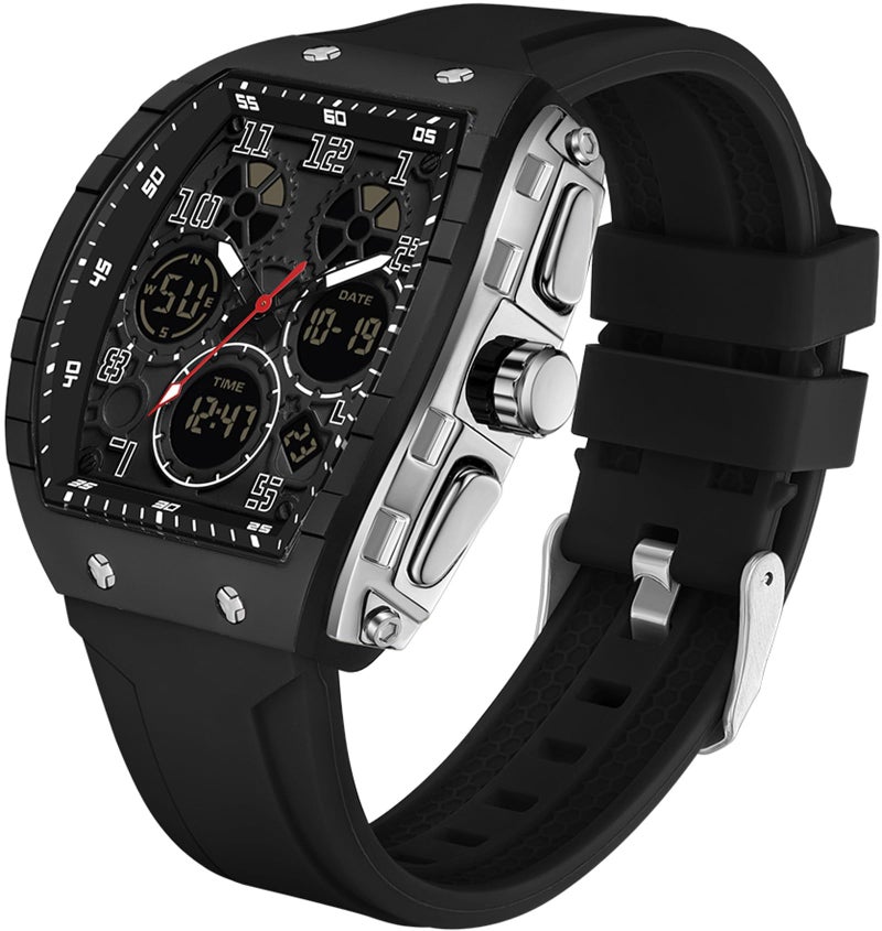 findtime Watches for Men Unique Rectangle Relojes para Hombres Black Wristwatch with Digital Analog Dual Time Display Countdown Stopwatch Punk Cool Design 5ATM Waterproof - Image 1