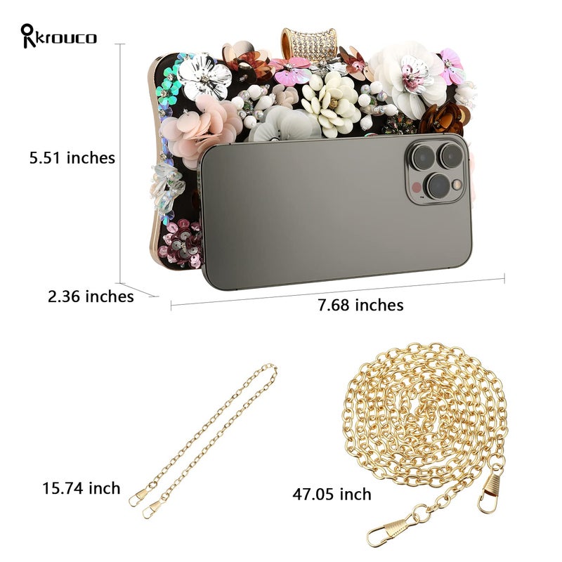 Rkrouco Women's Floral Evening Clutch Bag - Colorful Flower Handbag with Metal Rhinestones - Image 4