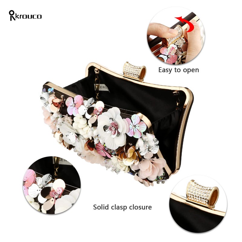 Rkrouco Women's Floral Evening Clutch Bag - Colorful Flower Handbag with Metal Rhinestones - Image 2
