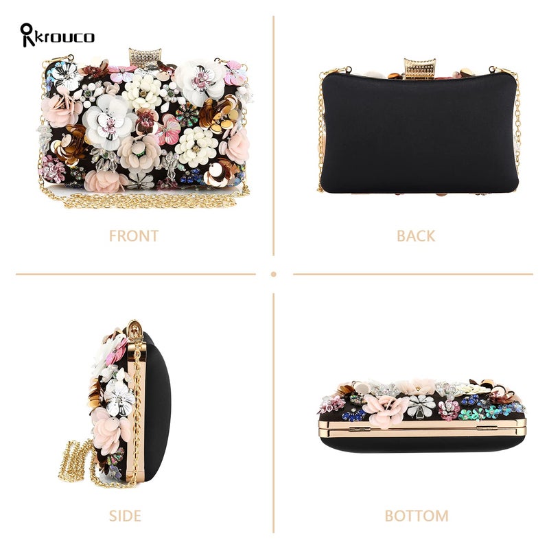 Rkrouco Women's Floral Evening Clutch Bag - Colorful Flower Handbag with Metal Rhinestones - Image 3