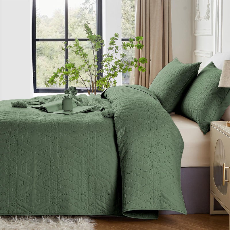 akkialla Full/Queen Size Quilt Bedding Set Green Lightweight Microfiber Soft Bedspread Modern Style Geoetric Pattern Coverlet Set for All Seasons 3 Piece(1 Quilt 2 Pillow Shams) - Image 3