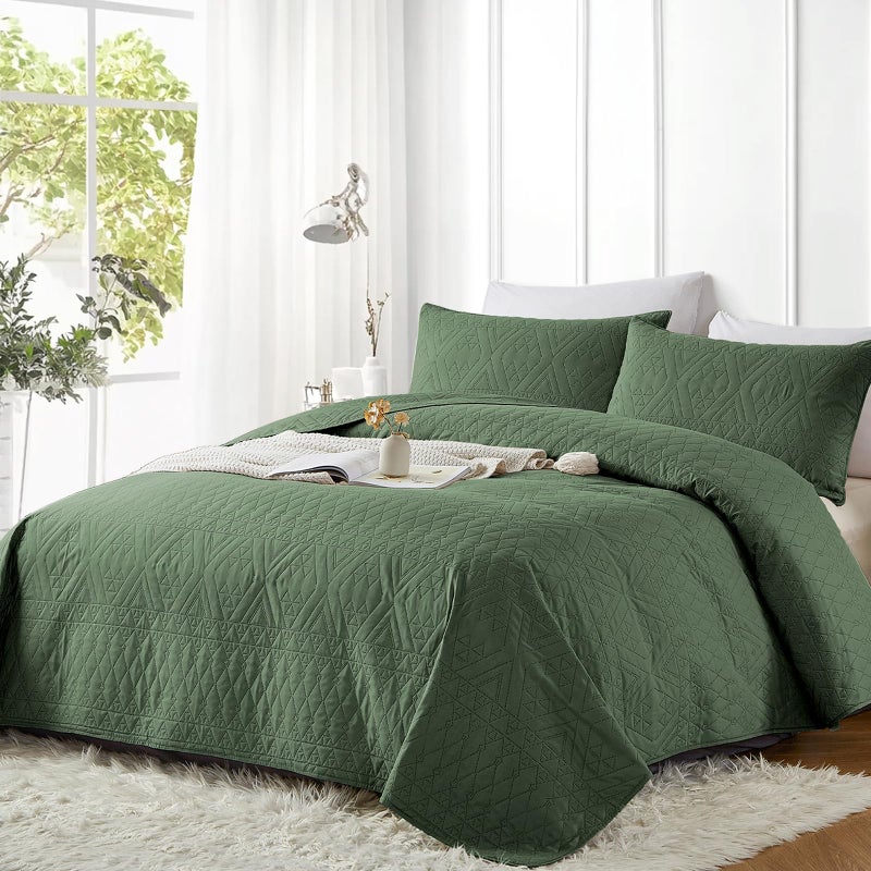 akkialla Full/Queen Size Quilt Bedding Set Green Lightweight Microfiber Soft Bedspread Modern Style Geoetric Pattern Coverlet Set for All Seasons 3 Piece(1 Quilt 2 Pillow Shams) - Image 2