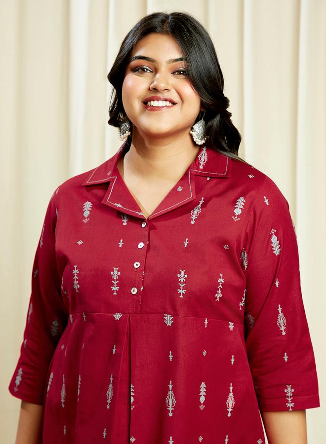 Globus Plus Size Maroon Ethnic Print Midi Dress - Image 5