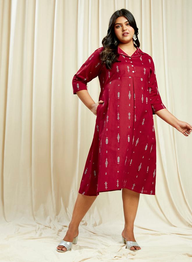 Globus Plus Size Maroon Ethnic Print Midi Dress - Image 1