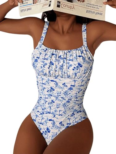 BEAUDRM Women's Boho Floral Print One Piece Swimsuit Y2K Bathing Suits Swimwear Beachwear Blue and White X-Small - Image 3