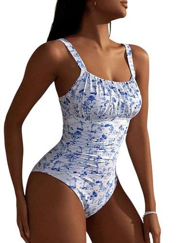 BEAUDRM Women's Boho Floral Print One Piece Swimsuit Y2K Bathing Suits Swimwear Beachwear Blue and White X-Small - Image 4
