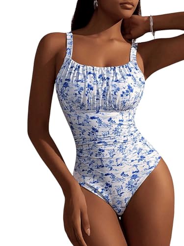 BEAUDRM Women's Boho Floral Print One Piece Swimsuit Y2K Bathing Suits Swimwear Beachwear Blue and White X-Small - Image 1