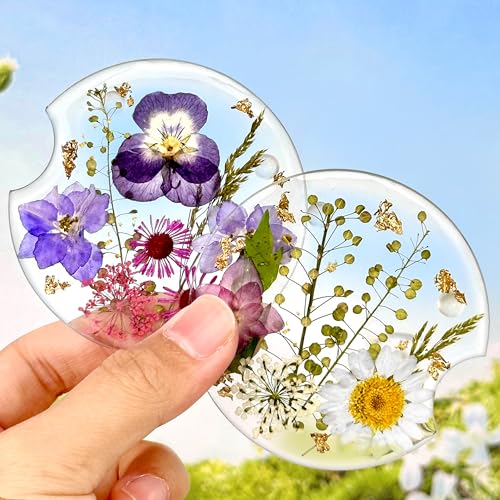 Swooflia Flower Car Cup Holder Coasters for Women 275 Inch Cute Resin Clear Automotive Drink Cupholder Insert Car Accessories 2 Pack White Purple - Image 1