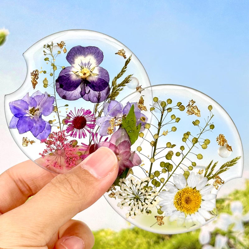 Swooflia Flower Car Cup Holder Coasters for Women 275 Inch Cute Resin Clear Automotive Drink Cupholder Insert Car Accessories 2 Pack White Purple - Image 3
