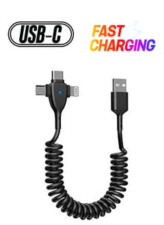 3 in 1 Coiled Lightning Cable for Car, Coil for iPhone Charger Cable, USB Cable Fast Charger for Lightning/Type-C/Micro USB for iPhone iOS Android Tablets PC